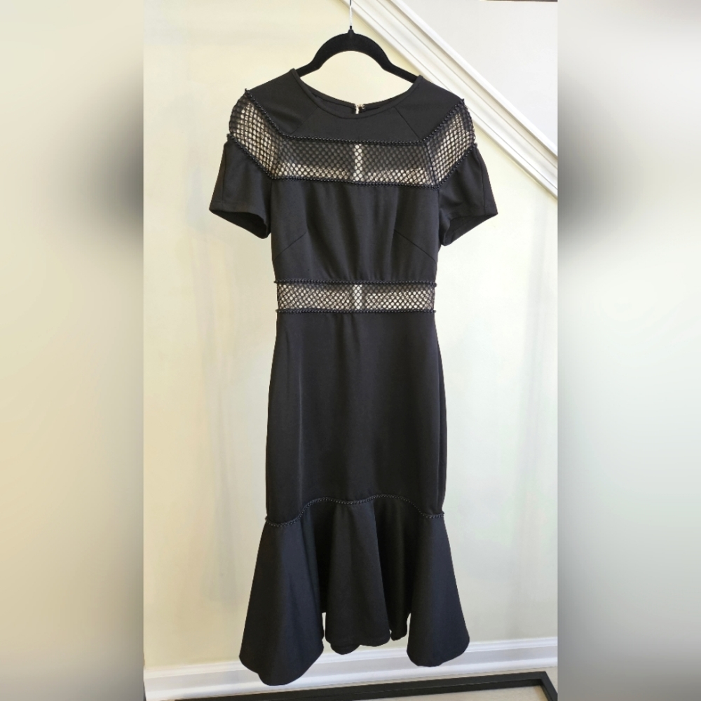 Isabel Garcia mesh cutout mermaid skirt midi black LBD dress beaded cocktail XS
